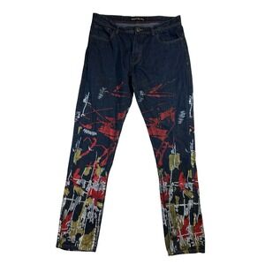 Arketype Mens Abstract Graphic Paint Straight Leg Jeans Dark Wash Blue 38x34